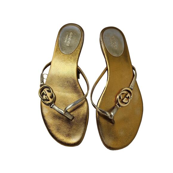 Gucci 36 Miroir Gold Metallic Leather Flip Flop Sandal Thong Logo Dustbag Box - Picture 3 of 12